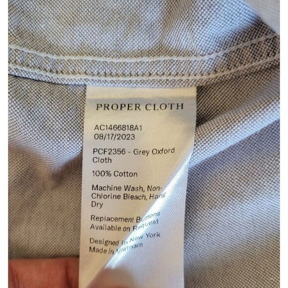 PROPER CLOTH Mens Grey Oxford Cloth Dress Shirt 20 x 36.5 Button Long Sleeve - Picture 4 of 8